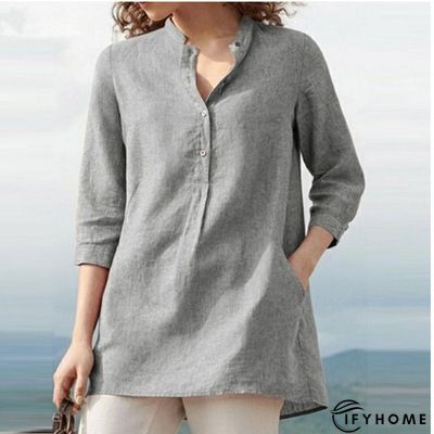 Women's Loosen Plain Casual T-shirt Tee 3/4 Length Sleeve V-Neck Button Fall Spring | IFYHOME