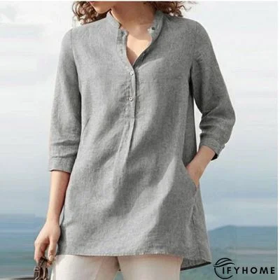 Women's Loosen Plain Casual T-shirt Tee 3/4 Length Sleeve V-Neck Button Fall Spring | IFYHOME