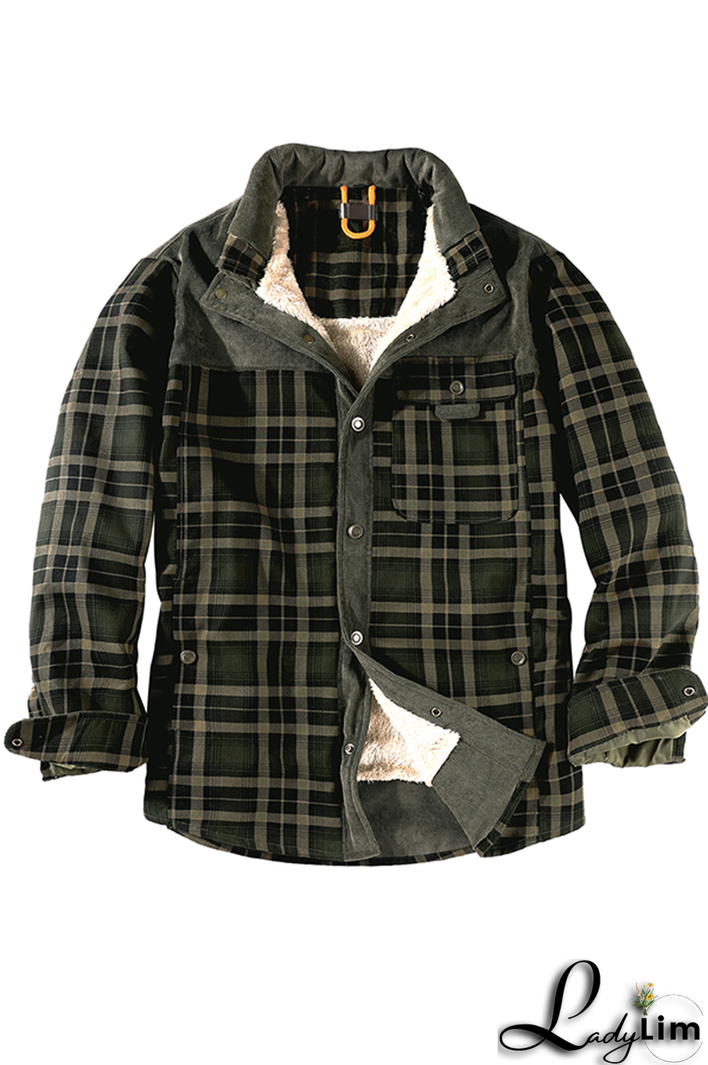 Dark Green Casual Plaid Split Joint Buckle Turndown Collar Outerwear