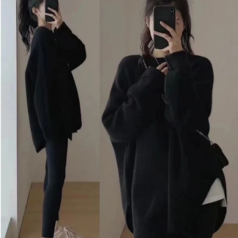 Ueong Ueong Push Pullover Sweater Female Autumn Winter Wear Long Lazy Retro Slit Knit Winter Thickening