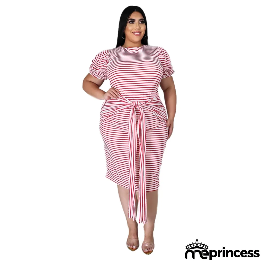 Plus Size Summer Striped Midi Dress with Belt