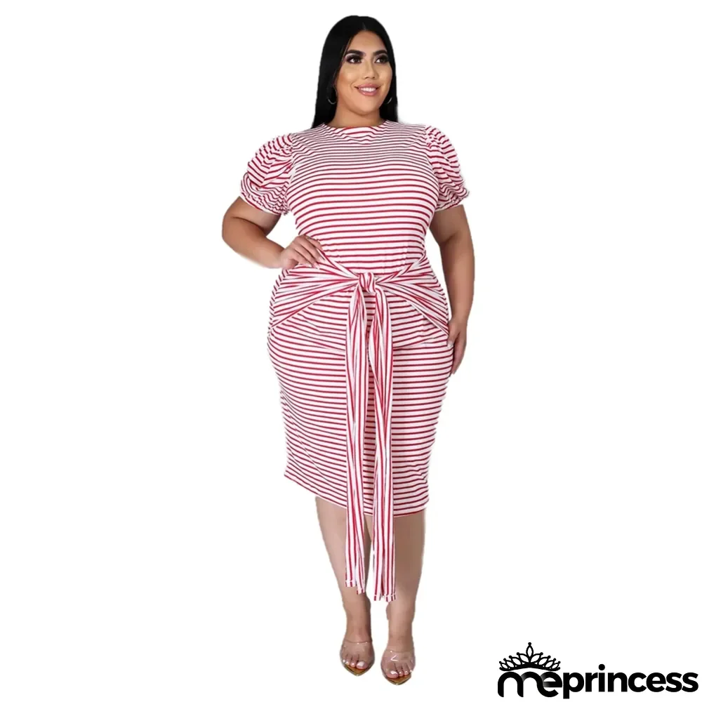 Plus Size Summer Striped Midi Dress with Belt