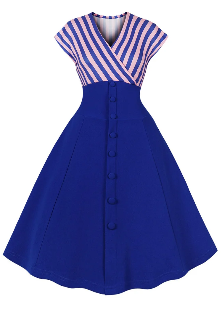 1950s Blue Casual Crossover Chest Striped Buttons A-line Midi Dress