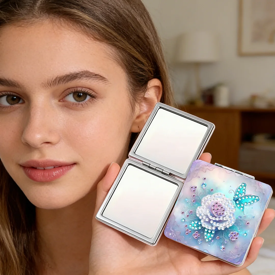White Flower DIY Special Shaped Diamond Painting Compact Mirror Kits Diamond Art Painting Pocket Mirror for Beginners Adults Art Craft Woman Gifts