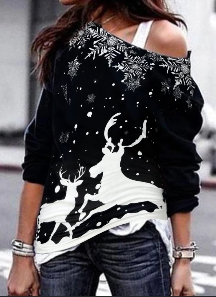 Women's Christmas Fawn Print Oblique Collar Sweatshirt-luchamp:luchamp