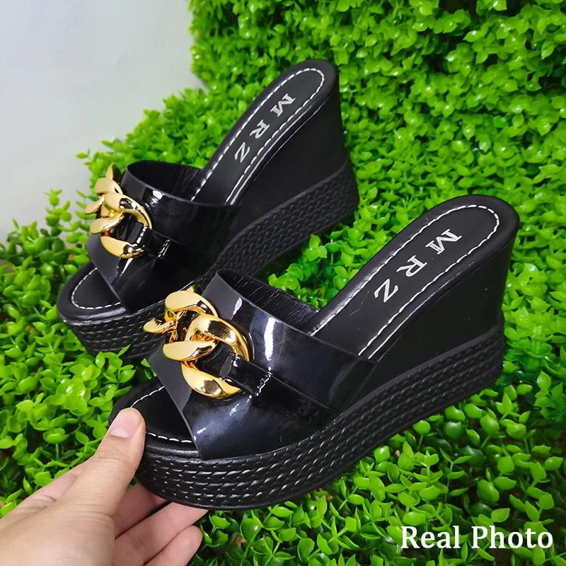 Chain High Heels Slippers Women Wedding Shoes Summer 2022 White Black Platform Wedges Slides Ladies Beach Slippers