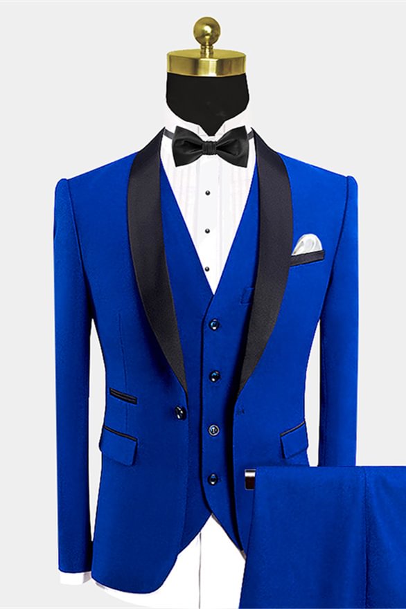 Simple Royal Blue Black Bow Tie Tuxedo Men's Wedding Suit With Shawl Lapel | Ballbellas Ballbellas