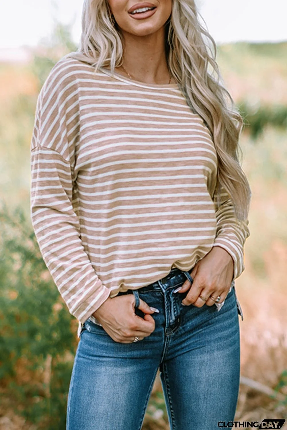 Striped Print Drop Shoulder Long Sleeve Top