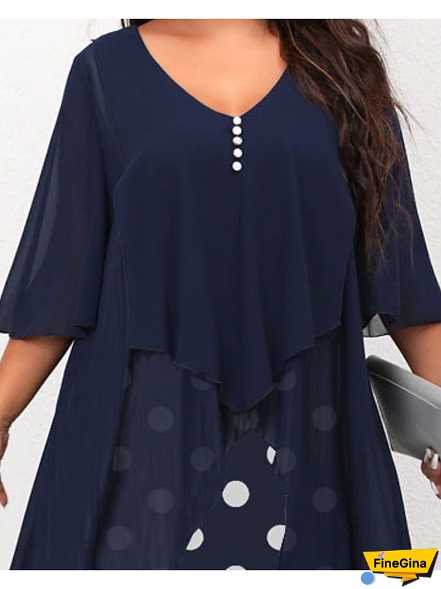 Womens Dress Plus Size Holiday Polka Dot Neck Layered Length Sleeve Spring Fall Elegant