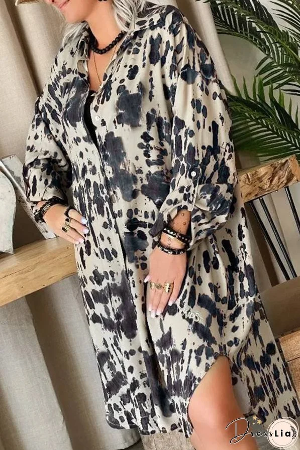Apricot Splash Ink Print Long Sleeve Button Front Split Dress