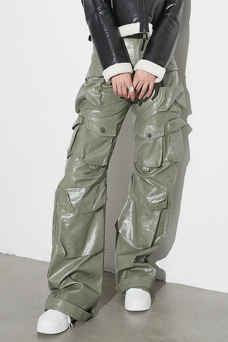 Street Multi-pocket PU Leather Solid Color Cargo Pants-Green