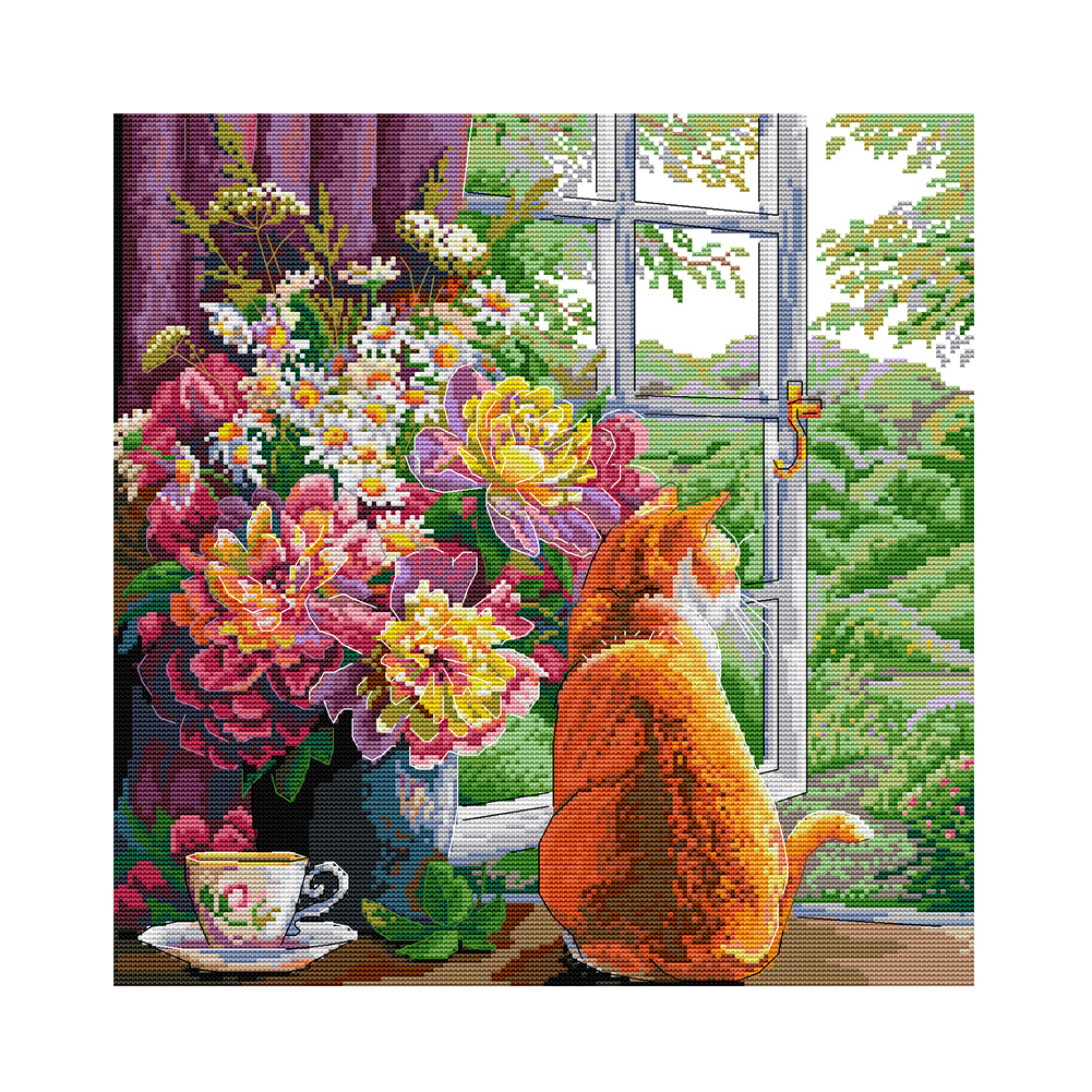 

Cat Flowers - 14CT Stamped Cross Stitch - 41*42CM, 501 Original
