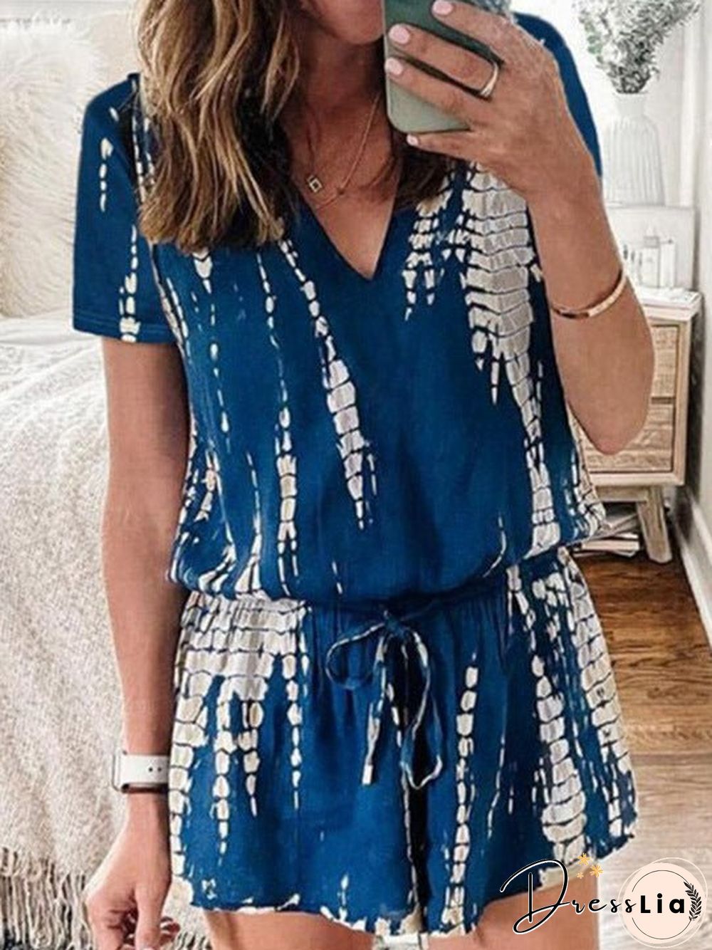 Women'S Jumpsuits Casual Tie Dye Print V-Neck Short Sleeve Jumpsuit