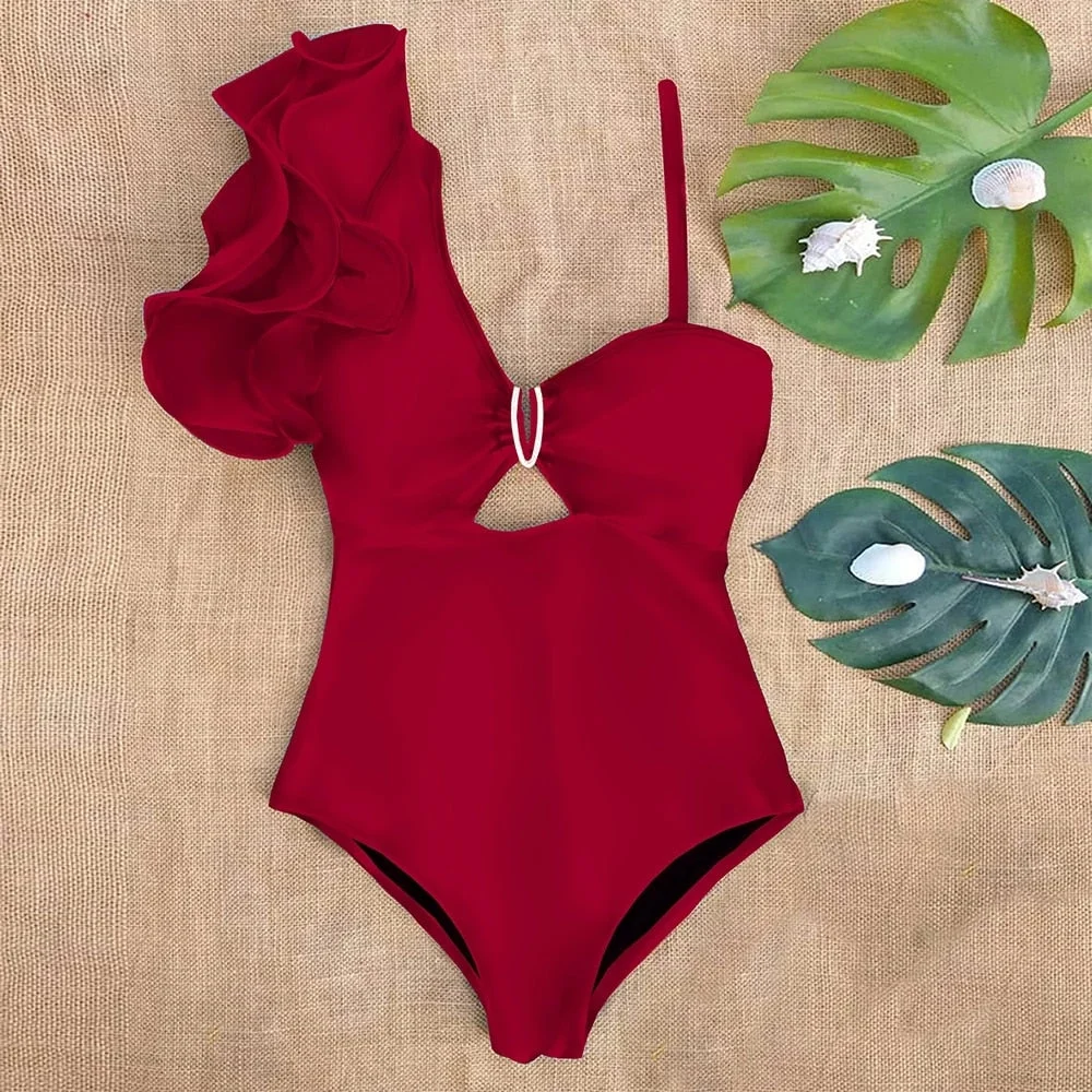 2020 New Sexy Ruffle Print Floral One Piece Strappy One shoulder Swimwear Women Swimsuit Bathing Suit Backless Beachwear Monkini