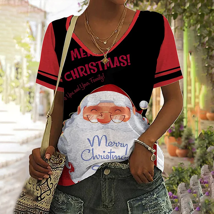 Wearshes Christmas Santa Letter  Printed V Neck Short Sleeve T-Shirt