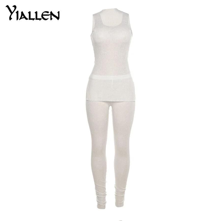 Yiallen Solid Knitted Two Piece Set Women See Through Skinny Casual Top+Pant Matching Outfits Active Streetwear Clothing Hot