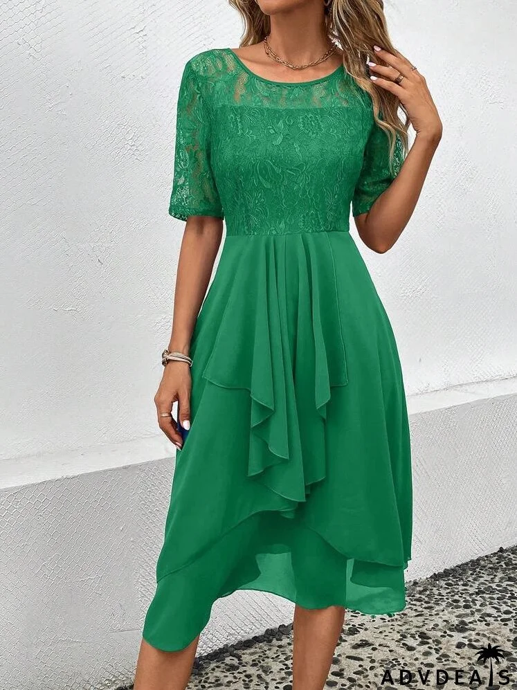 Contrast Lace Ruffle Trim Lace Bodice Dress