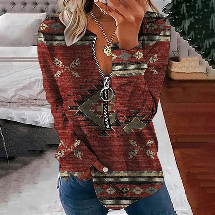 Western Print Long Sleeve V Neck Zip Sweatshirt