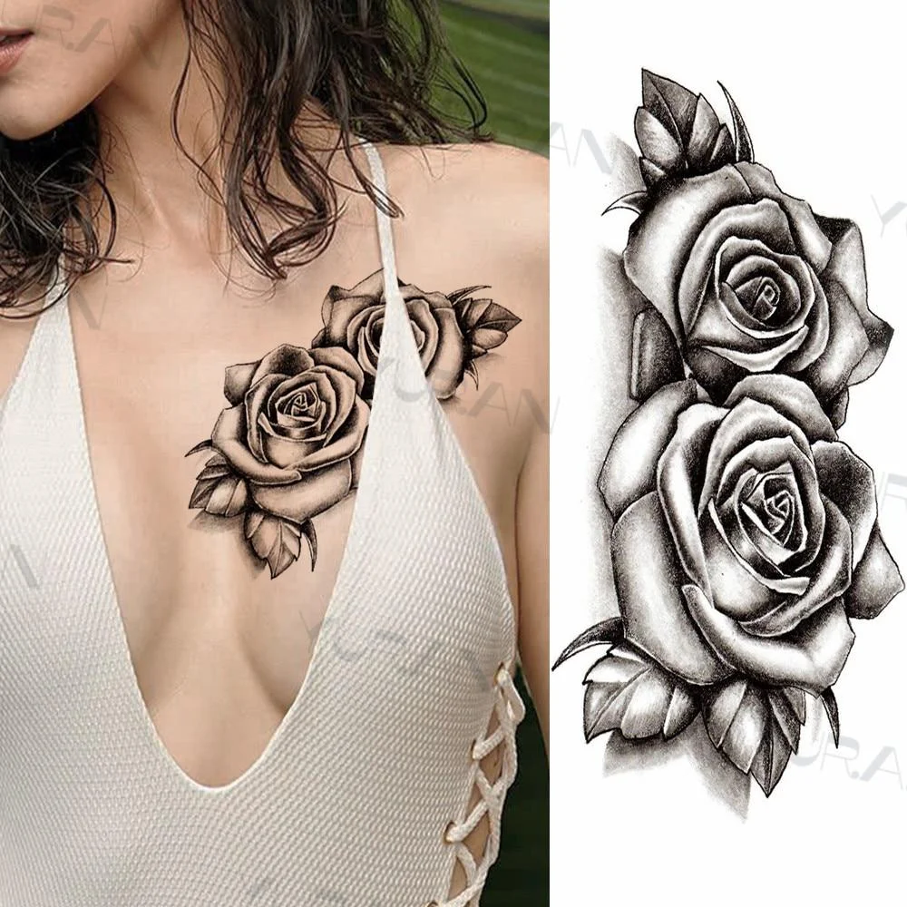 Black Large Snake Flower Fake Tattoo Sticker For Women Dot Rose Peony Temporary Tattoos DIY Water Transfer Tatoos Girls 1029