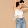 SHEIN Sexy White Fringe Detail Crop Cami Spaghetti Strap Plain Stretchy Top Women 2019 Summer Party Highstreet 2019 Vests