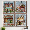 (4pcs) Christmas House - 14CT Stamped Cross Stitch 15*17cm(Brand)
