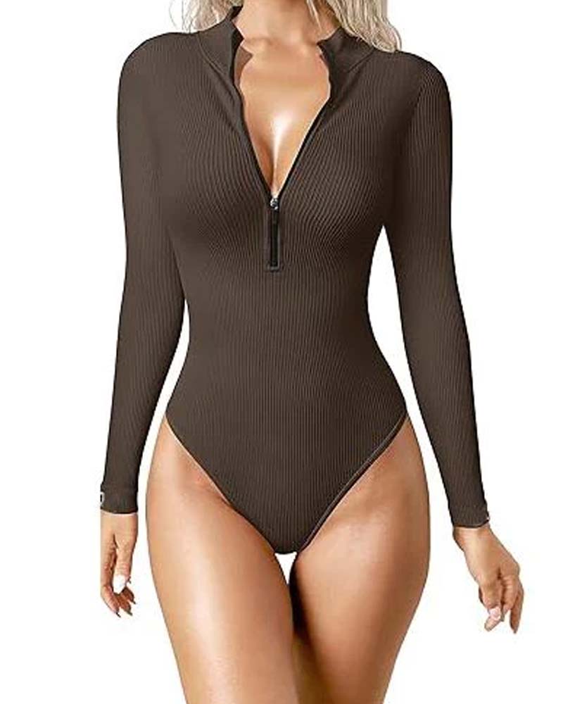 Zipper Front Long Sleeve Sexy Ribbed Long Sleeve Tights Ref2151