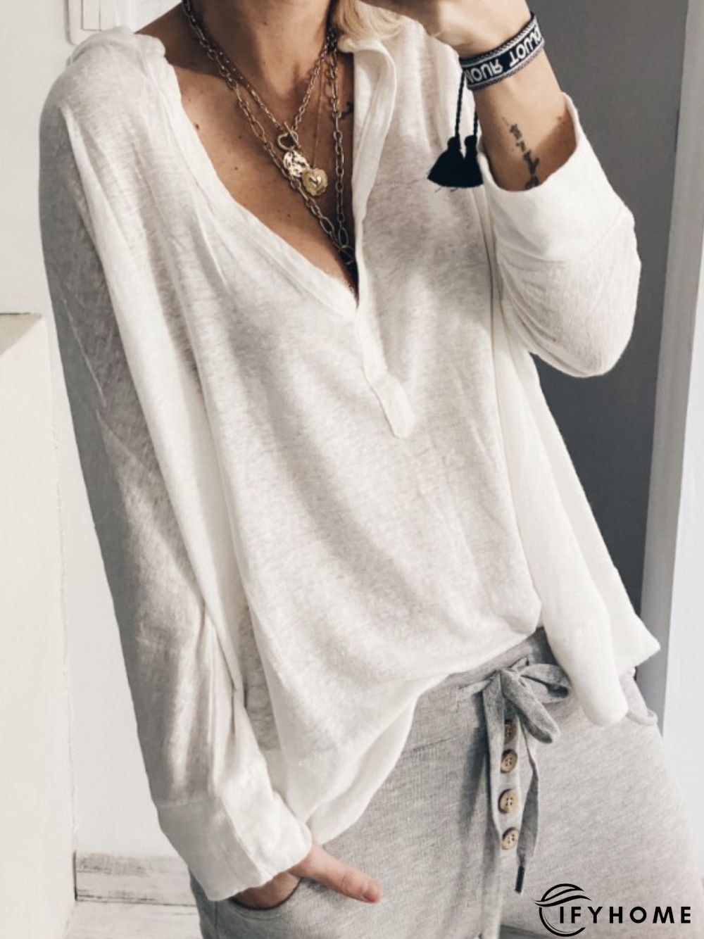 White Solid Long Sleeve V Neck Casual Tops | IFYHOME