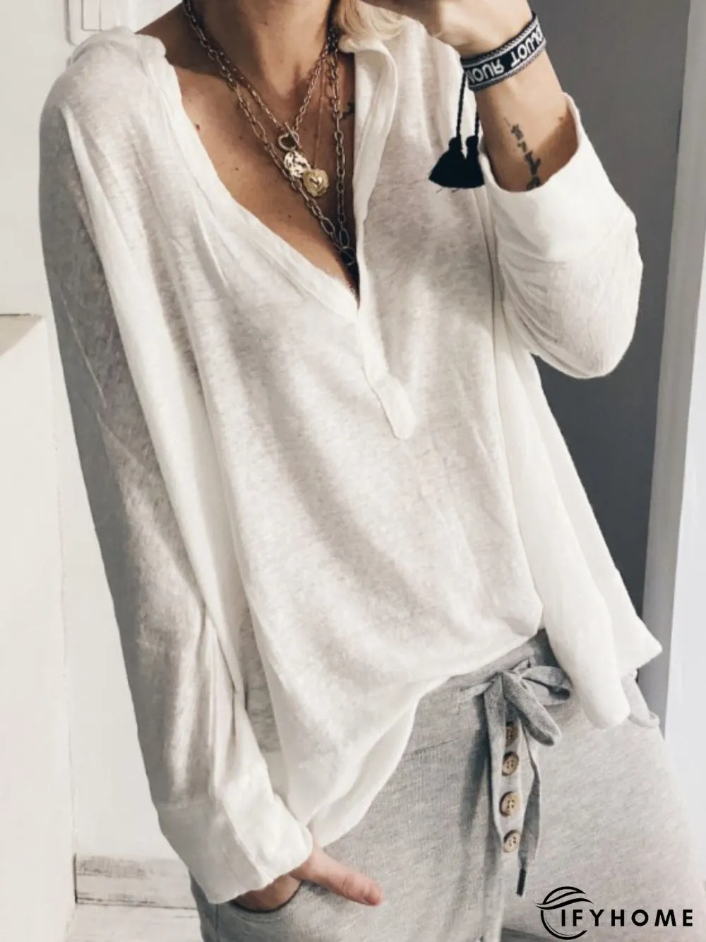 White Solid Long Sleeve V Neck Casual Tops | IFYHOME