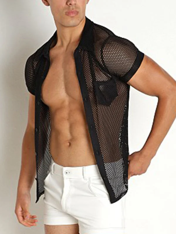 Aonga - Mens Mesh See Through Fishnet Stretchy ShirtJ