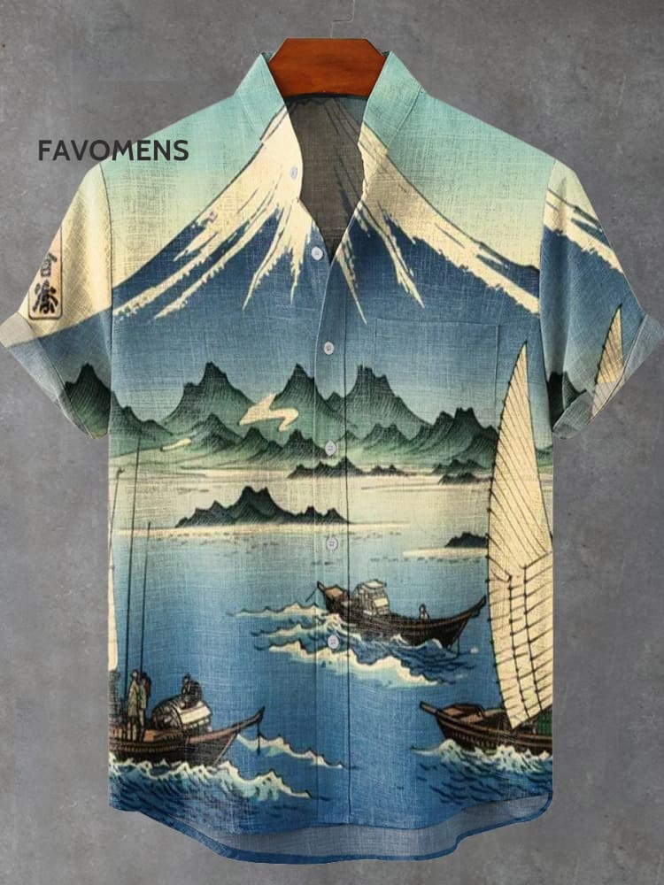 Vintage Japan Ukiyo-E Art Print Casual 100% Cotton Shirt Multicolor / S