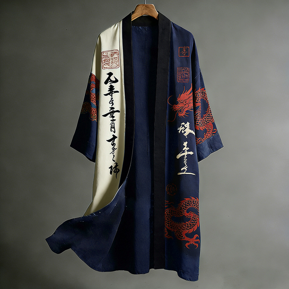 Retro Japanese Dragon Art Flowing Black And Red Contrasting Linen Long Kimono mysite idetrend