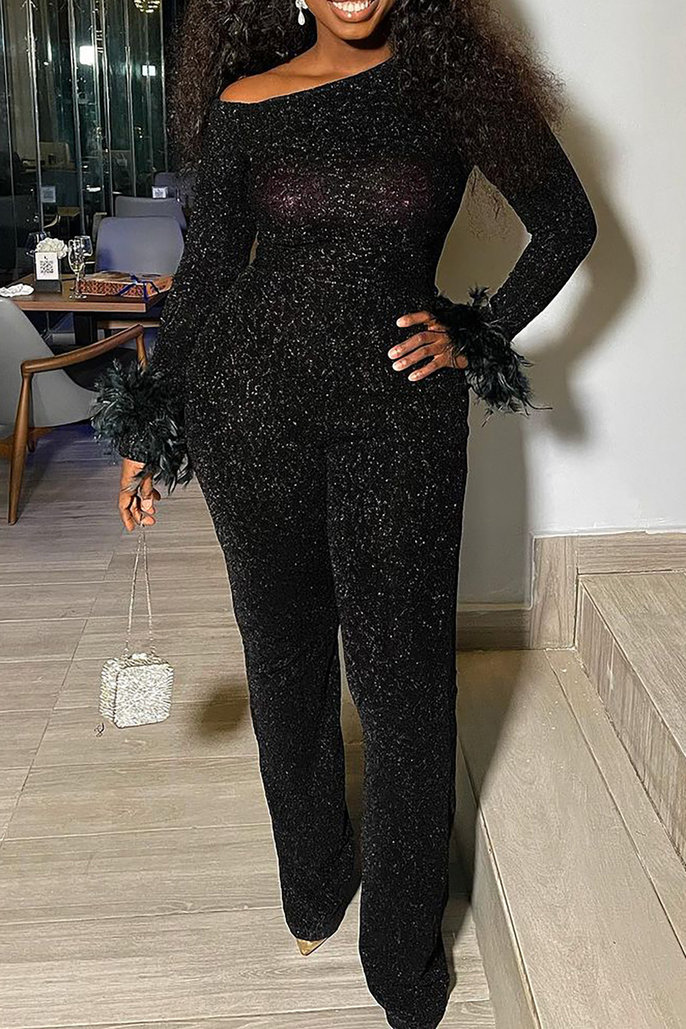 Plus Size Party Jumpsuit Black Glitter Sheen Long Sleeves Feathers Sequin Jumpsuit