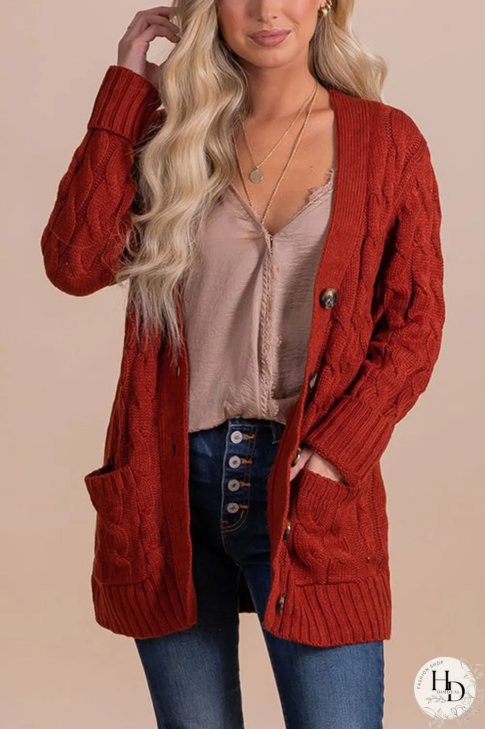 Button Cable Knit Cardigan