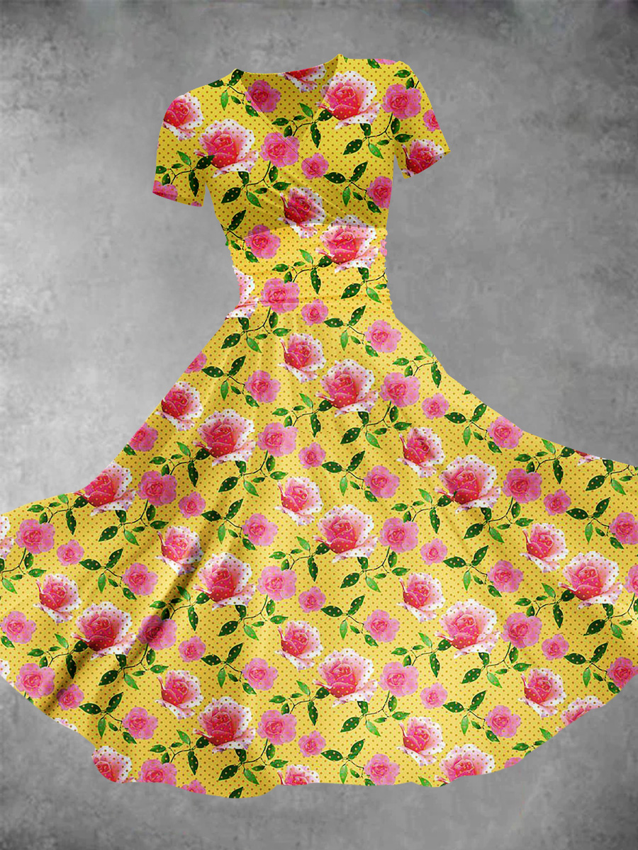 Women's Roses And Small Polka Dots Seamless Repeat Pattern Printed Maxi Dress