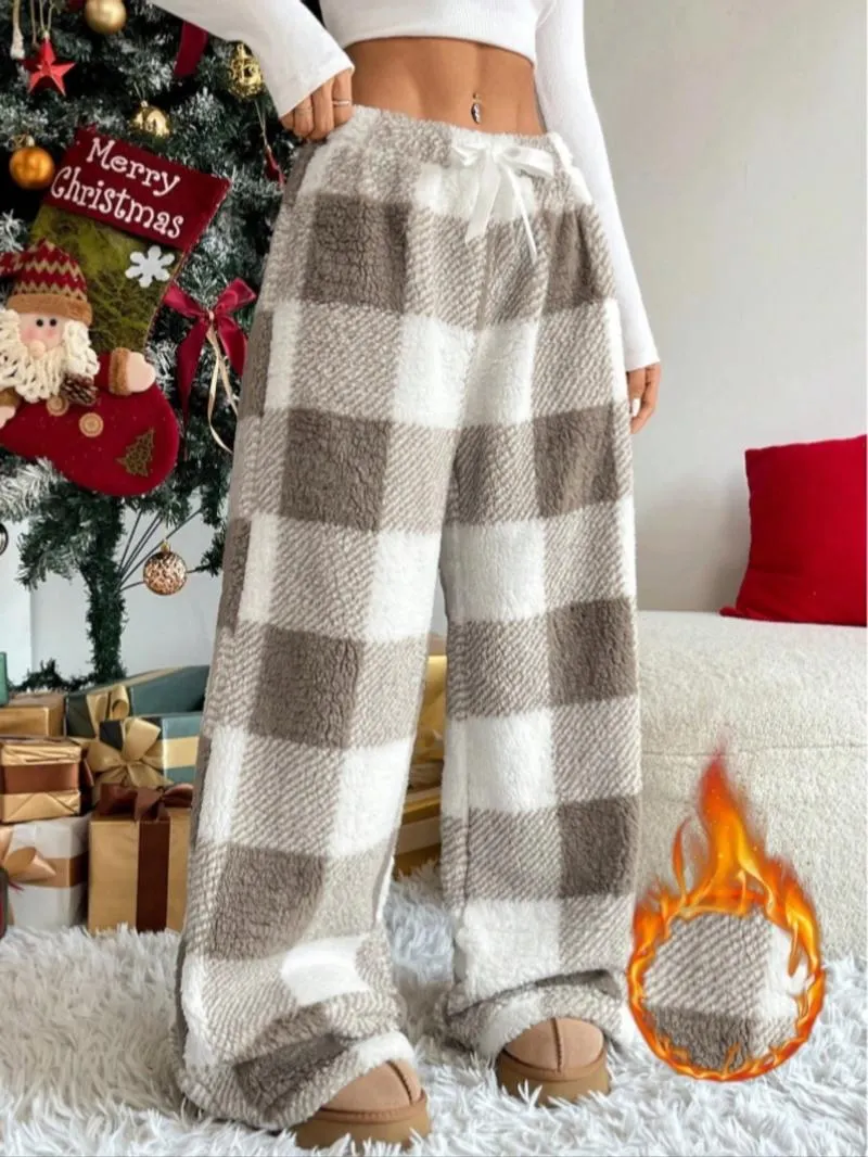 Winter New Vintage Plaid Elastic Straight Loose Thick Warm Casual Pants, Comfortable and Stylish for Cold Weather Wear