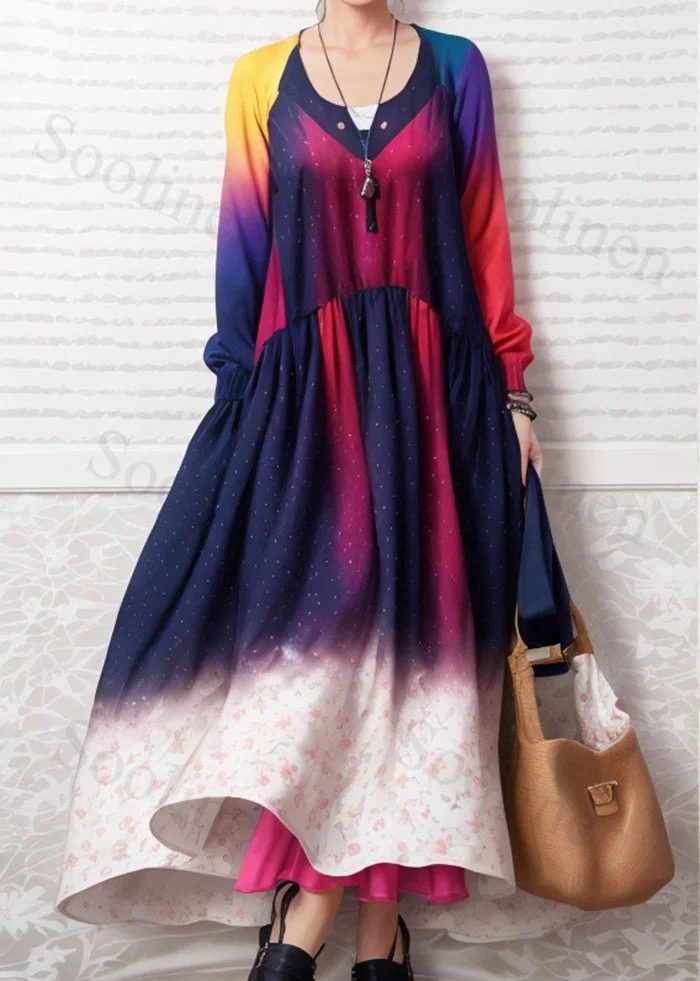 French Gradient Color Exra Large Hem Silk Vacation Dress Fall