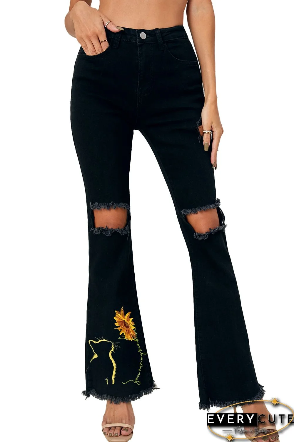 Black Cat Sunflower Print Distressed Flare Jeans