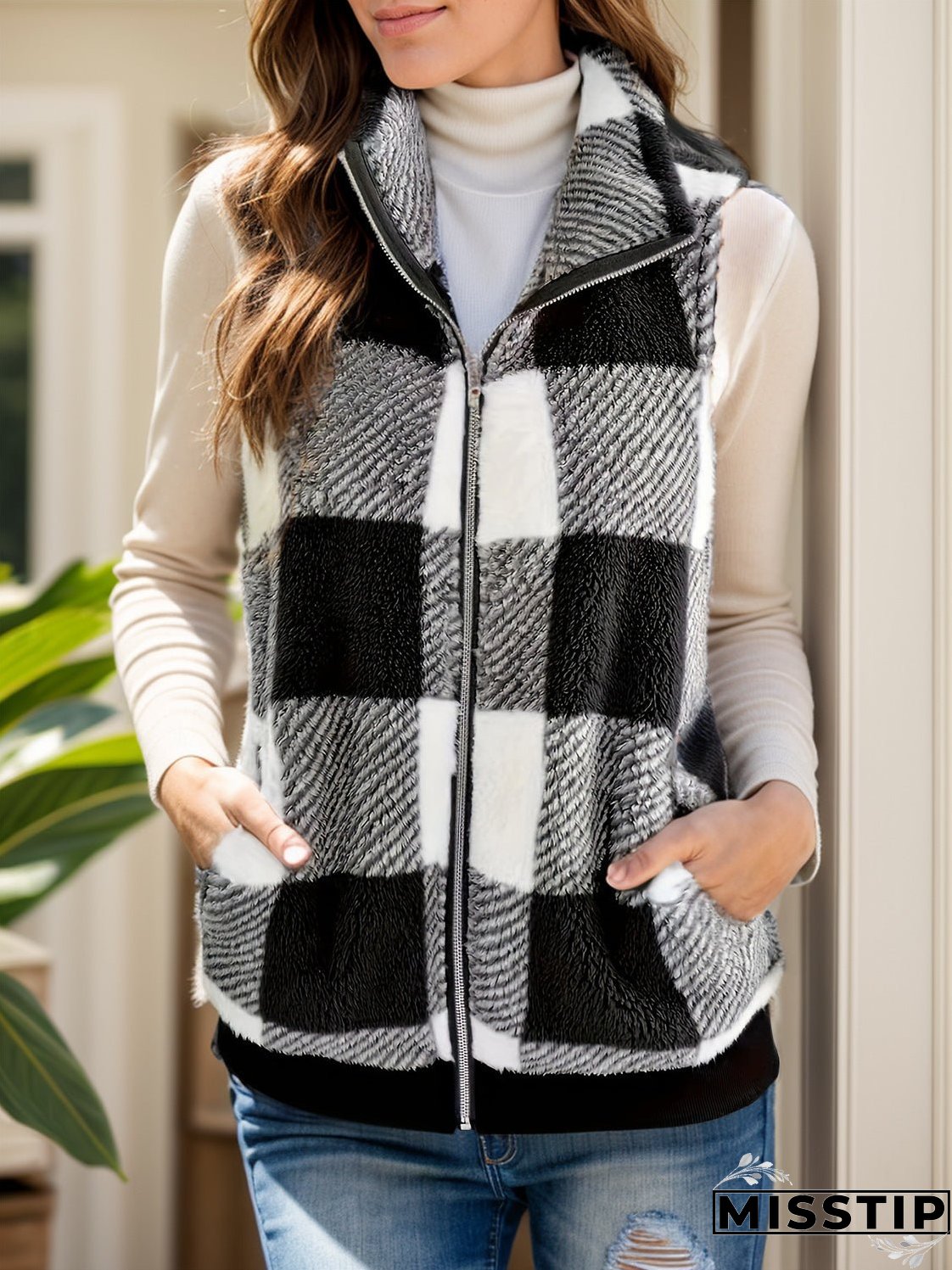 Pocketed Plaid Zip Up Vest Coat
