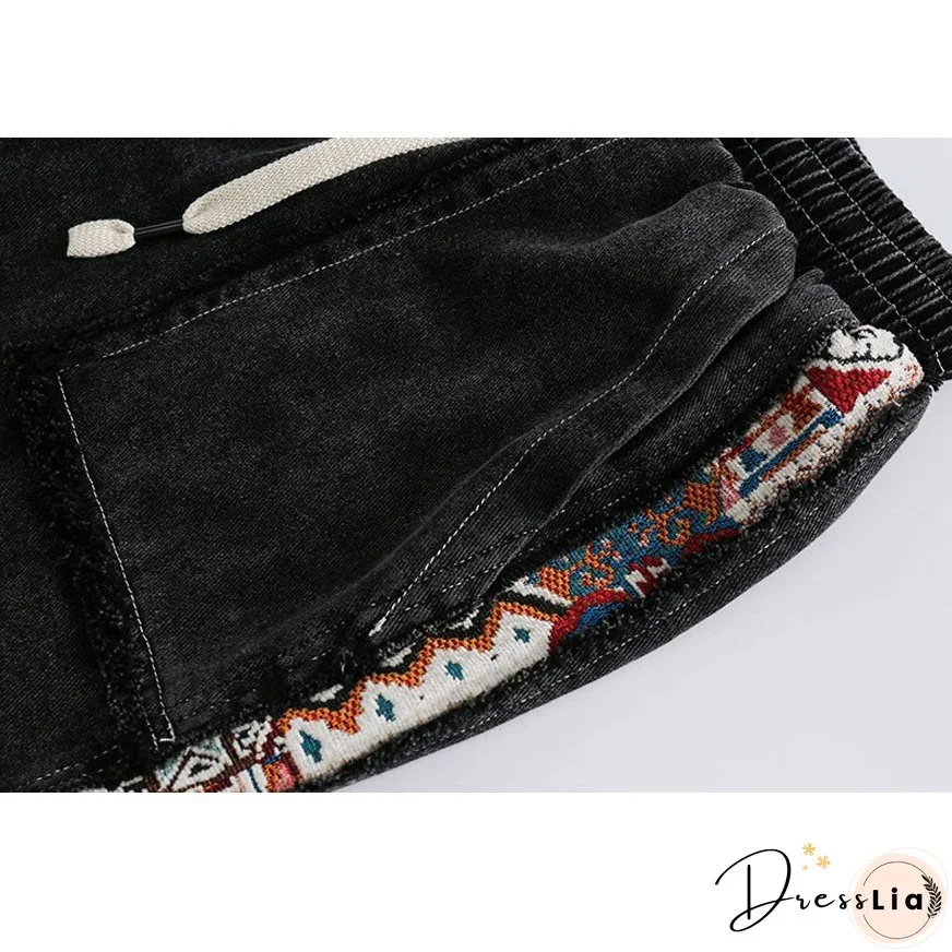 Ethnic Style Denim Patchwork Drawstring Shorts