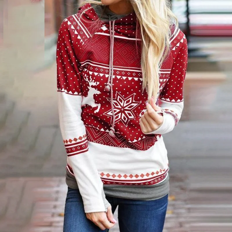 Christmas Snowflake Reindeer Printed Women's Casual Hoodie