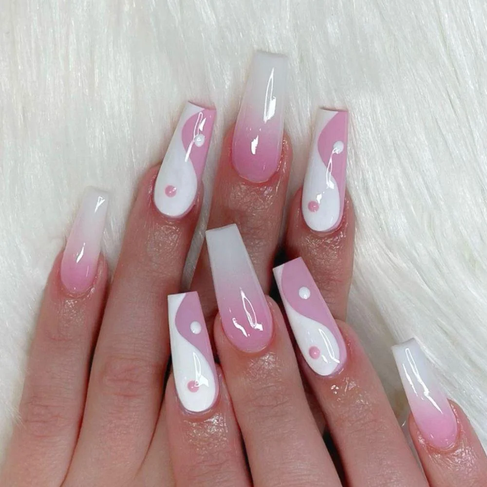 24Pcs Long Ballerina False Nail Love Pattern French Coffin Fake Nails Full Cover Wearable DIY Manicure Tools Press On Nails 1029-Nail Inspo