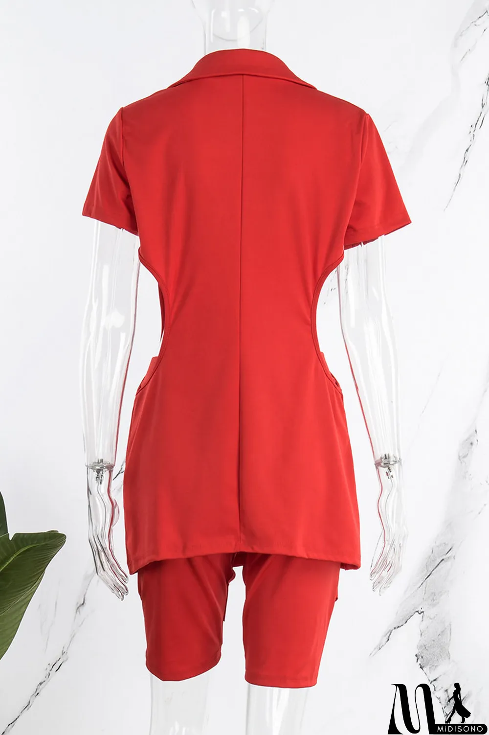 MidiSono - Red Street Print Hollowed Out Patchwork Buttons Turn-back Collar Short Sleeve Two Pieces