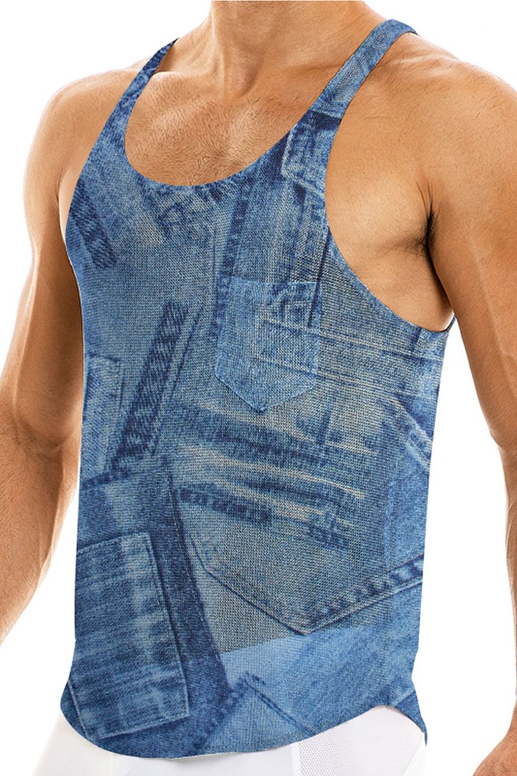 Men's Tulle Denim Prints Hollow Out Tank Top [Pre-Order]