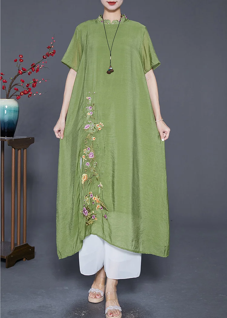 Grass Green Linen Silk Holiday Dress Embroideried Mandarin Collar Summer