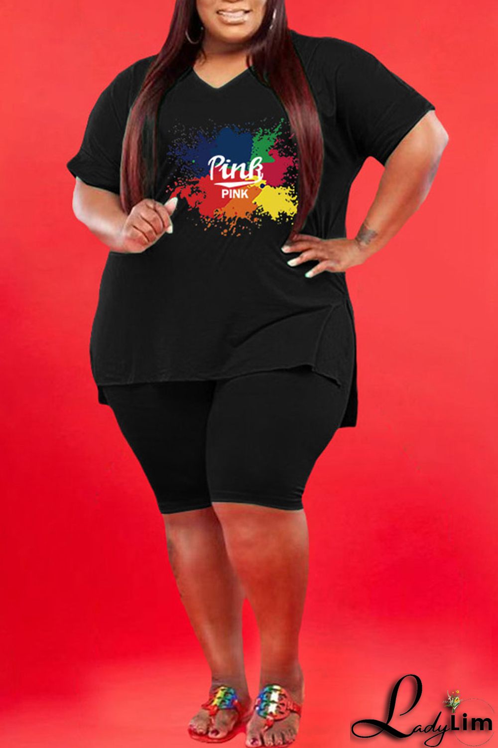 Red Casual Print V Neck Plus Size Two Pieces
