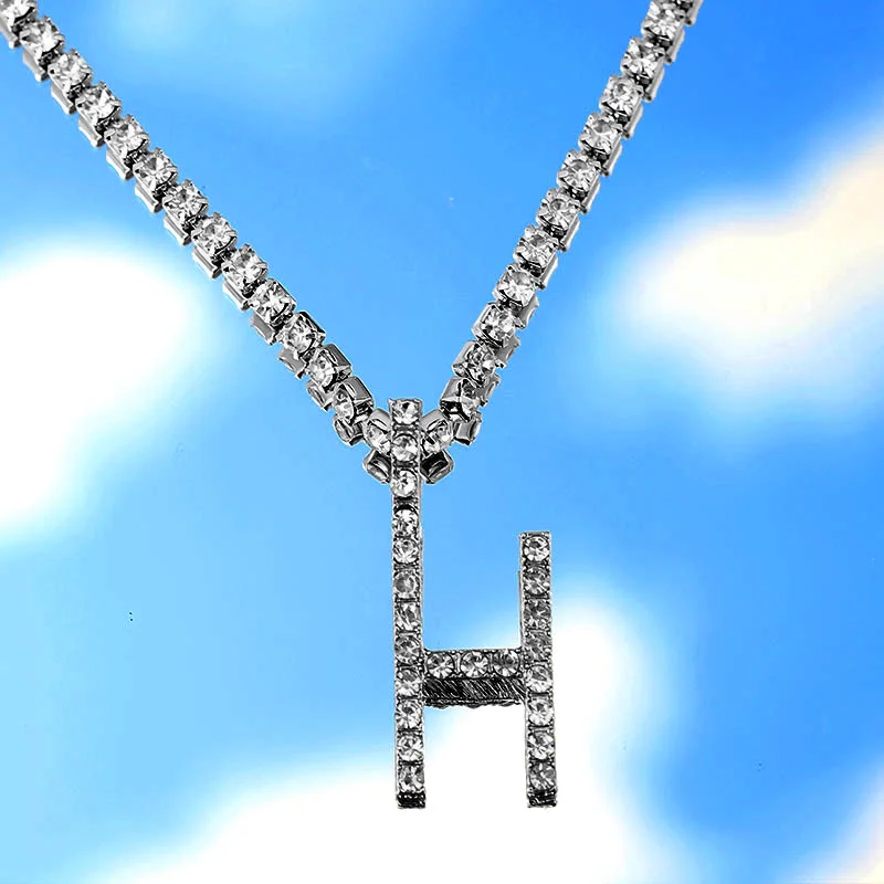 A-Z Custom Rhinestone Tennis Chain Letter Necklace for Women Men HipHop Jewelry Alphabet Pendant Necklace Choker Chain Wholesale