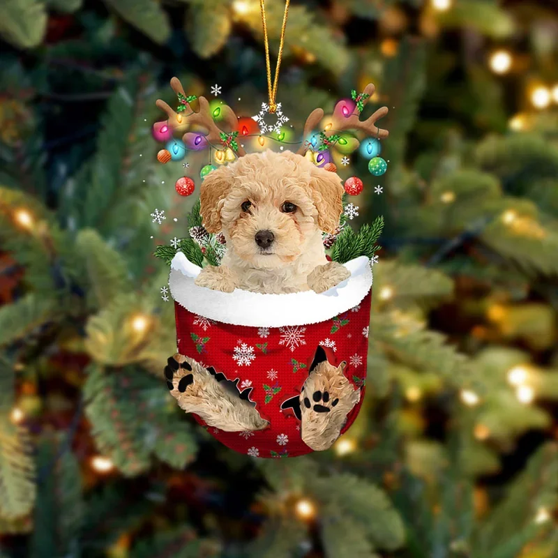 Poochon In Snow Pocket Christmas Ornament trabladzer