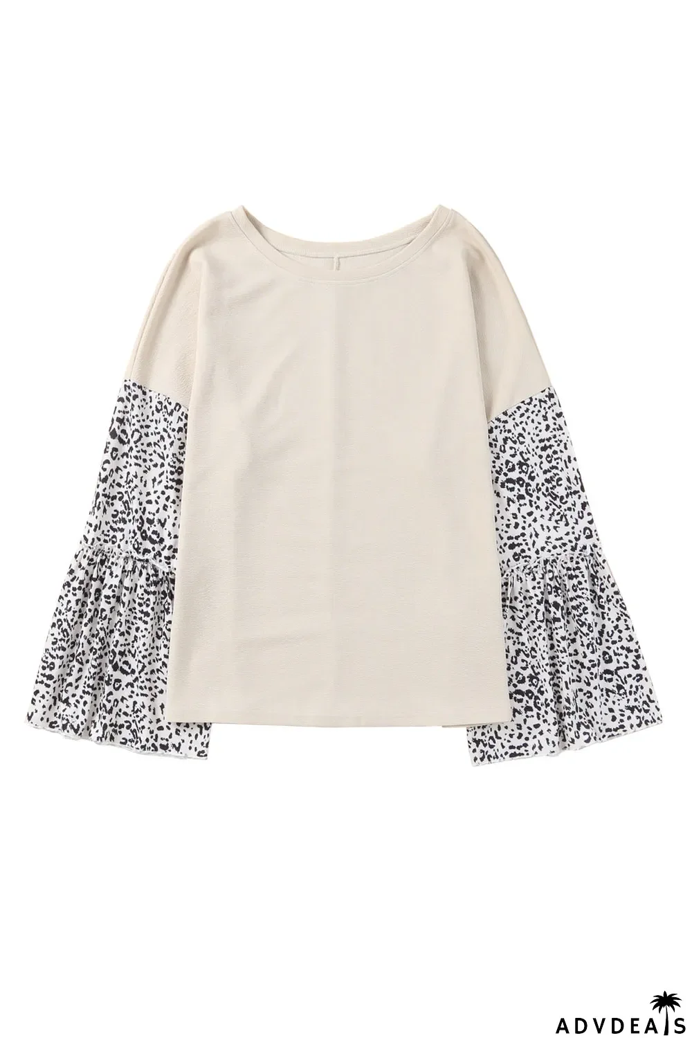 Beige Leopard Bell Sleeve Patchwork Plus Size Top