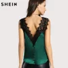SHEIN Lace Trim Double V Neck Satin Silk Top Sexy Tops for Women Fitness Tank Top Green Elegant Workwear Women's Sleeveless Tops