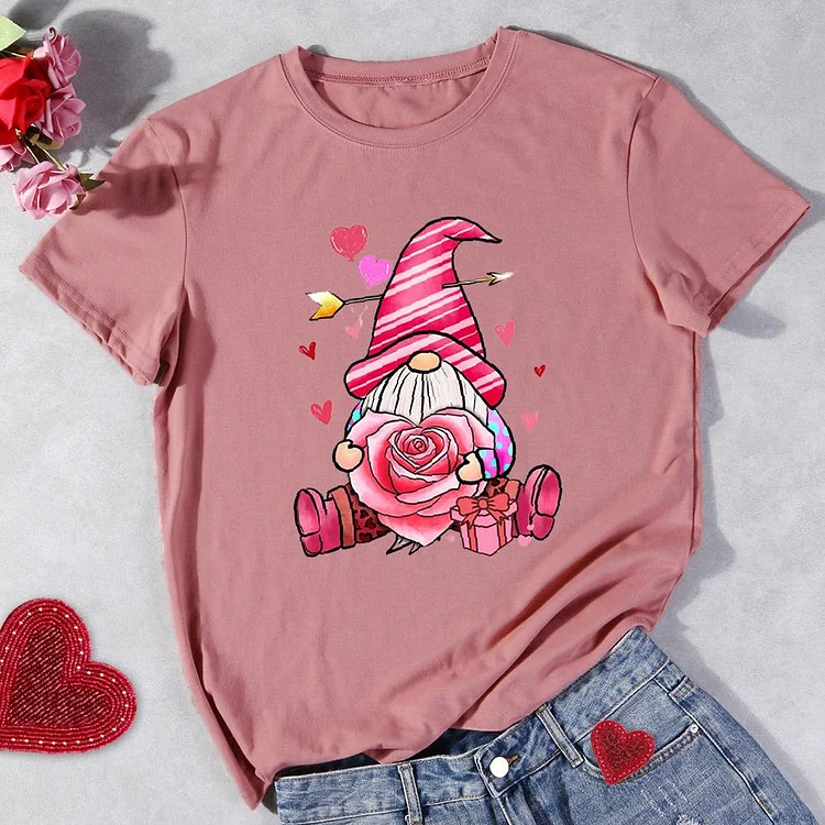 Valentines Day Gnome Round Neck T-shirt-Annaletters